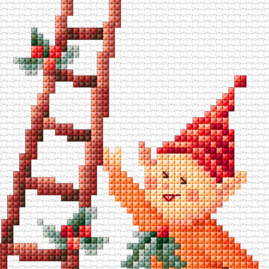 Cross-stitched design of an elf wearing a red hat with a ladder and holly berries in the background.