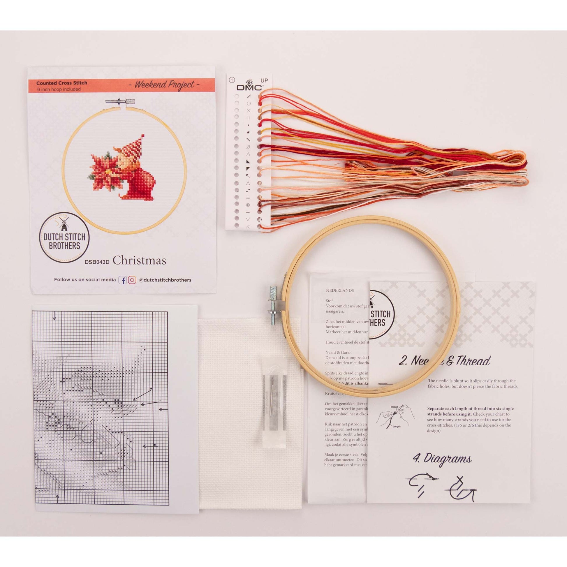 Embroidery kit with hoop, colored threads, and pattern , needlework fabrics on a white background
