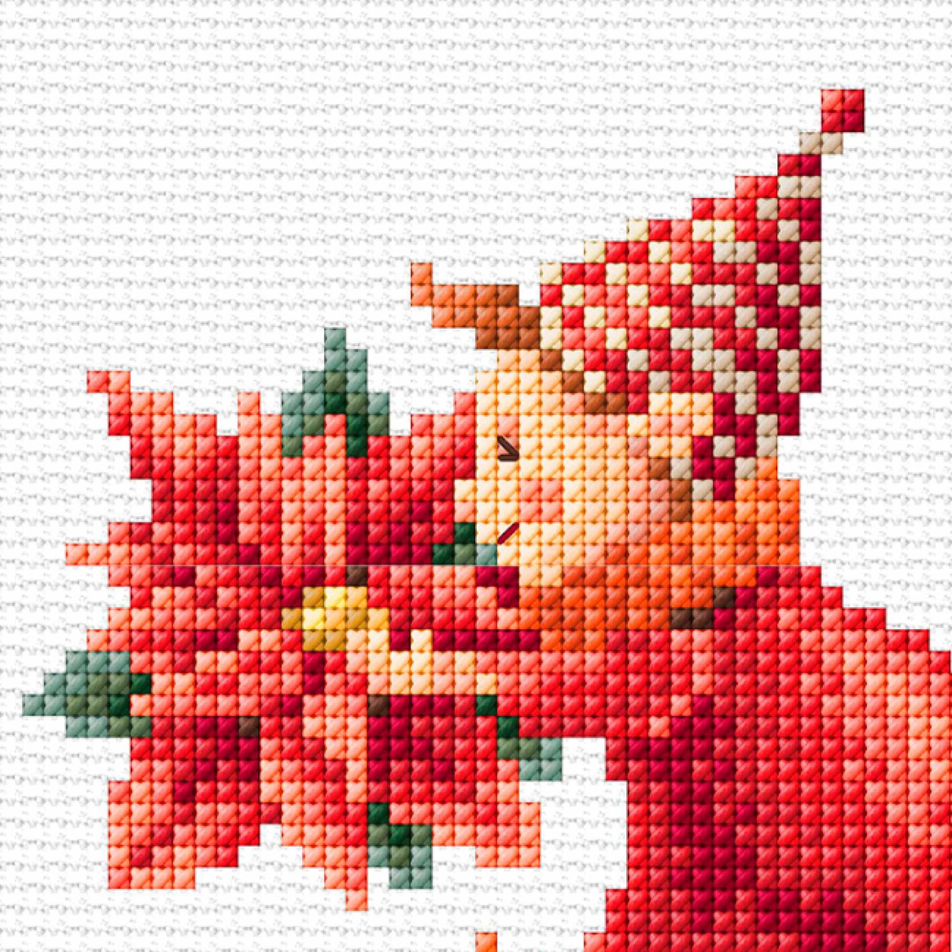 Cross-stitched pattern of a Christmas elf and flower with a red hat on a white background