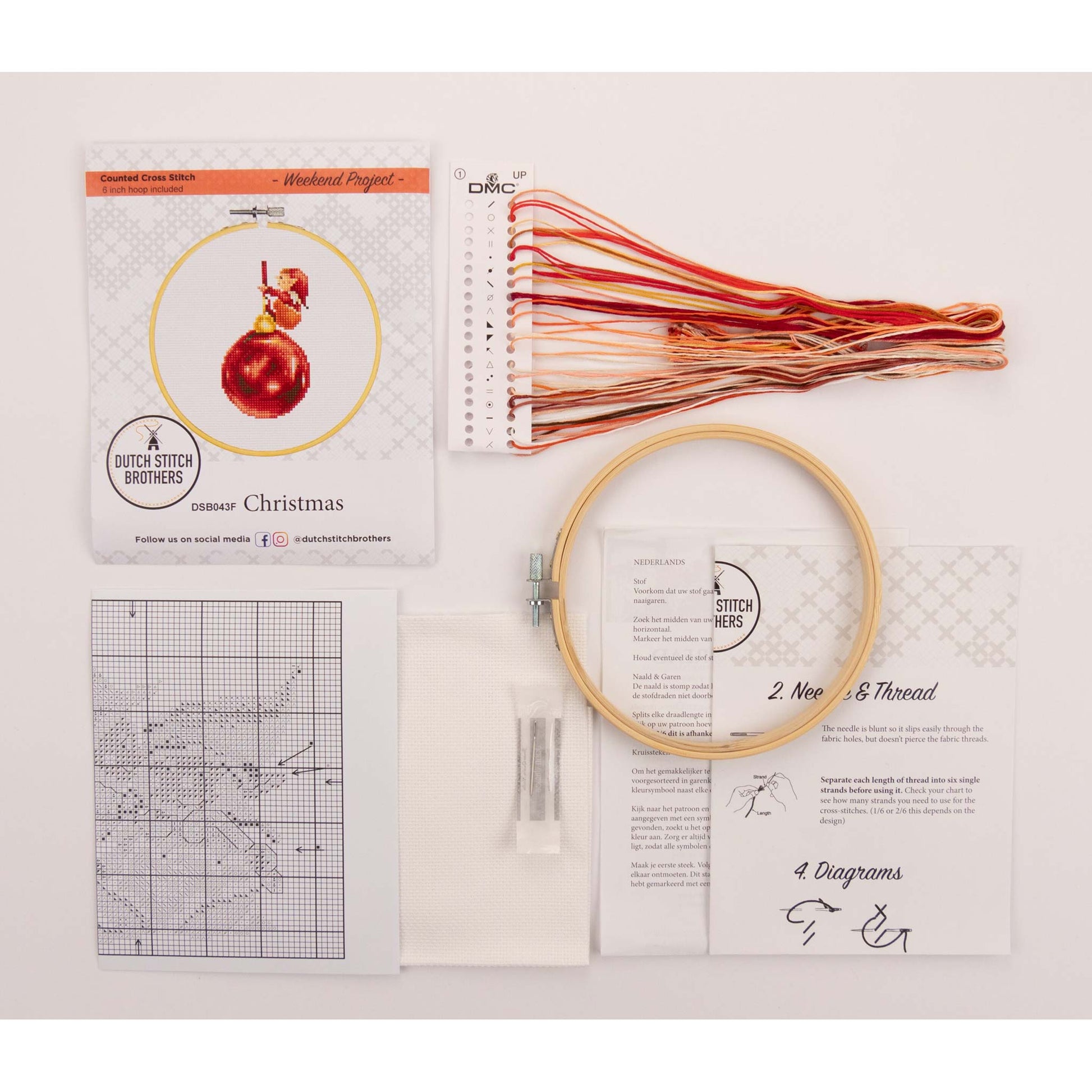 Embroidery kit with hoop, thread, and pattern sheets on a white background
