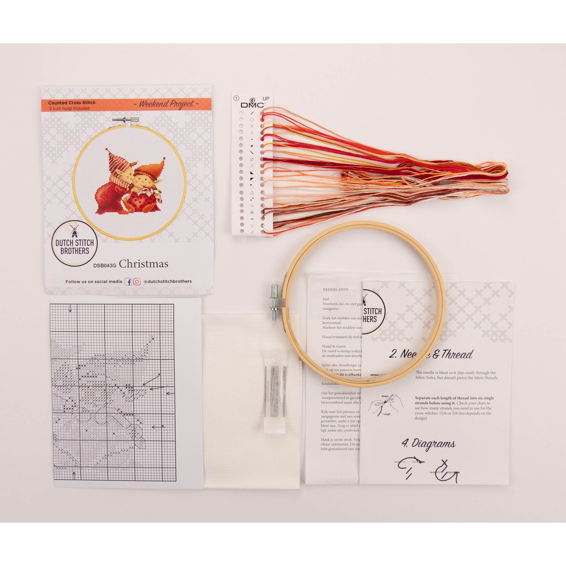 Embroidery kit with hoop, thread, needlework fabrics and pattern sheets on a white background