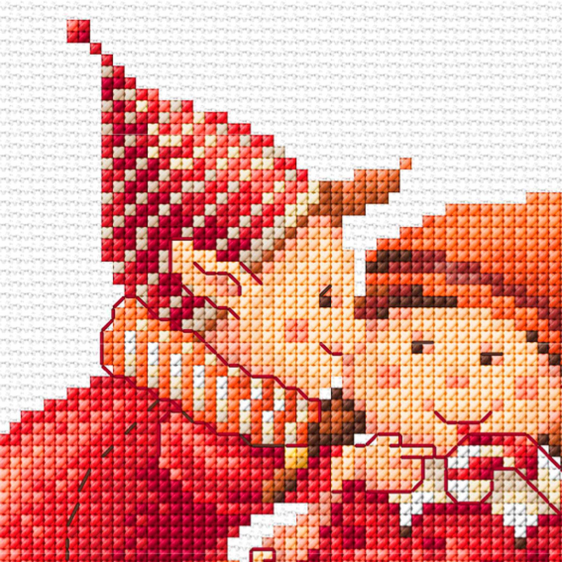 Cross-stitched design of a couple of elves wearing a red dress and hat on a white background