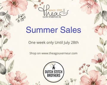 Promotional flyer for Dutch Stitch Brothers featuring a watercolor floral border on a cream background, with text reading 'Summer Sales' and 'One week only Until July 28th'.