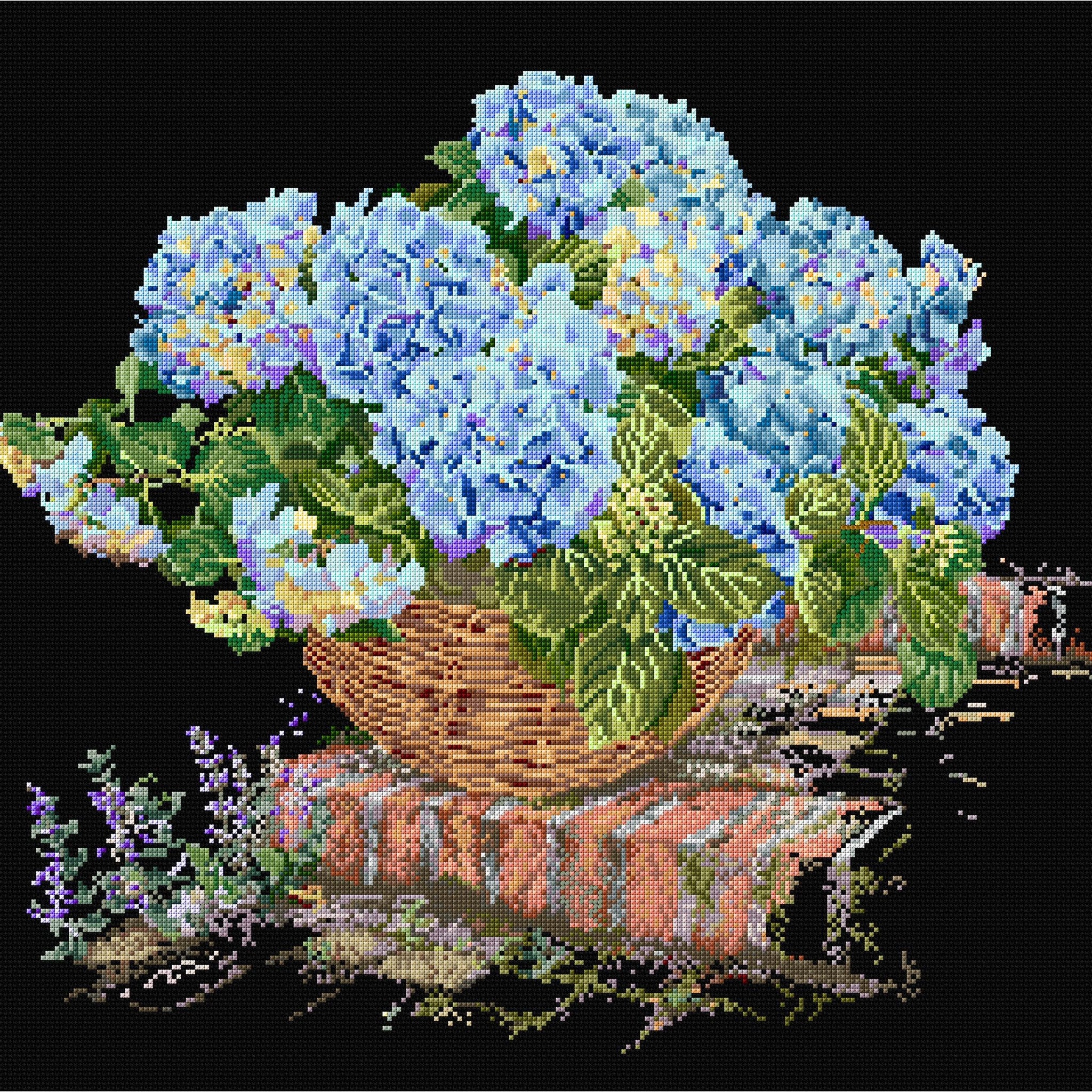 Thea Gouverneur - Counted Cross Stitch Kit - Blue Hydranem - Aida Black - 18 count - 2046.05 - Thea Gouverneur Since 1959