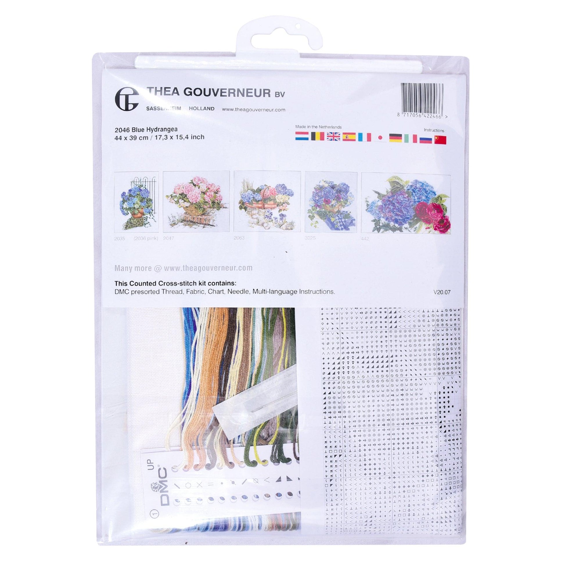 Thea Gouverneur - Counted Cross Stitch Kit - Blue Hydrangea - Linen - 32 count - 2046 - Thea Gouverneur Since 1959