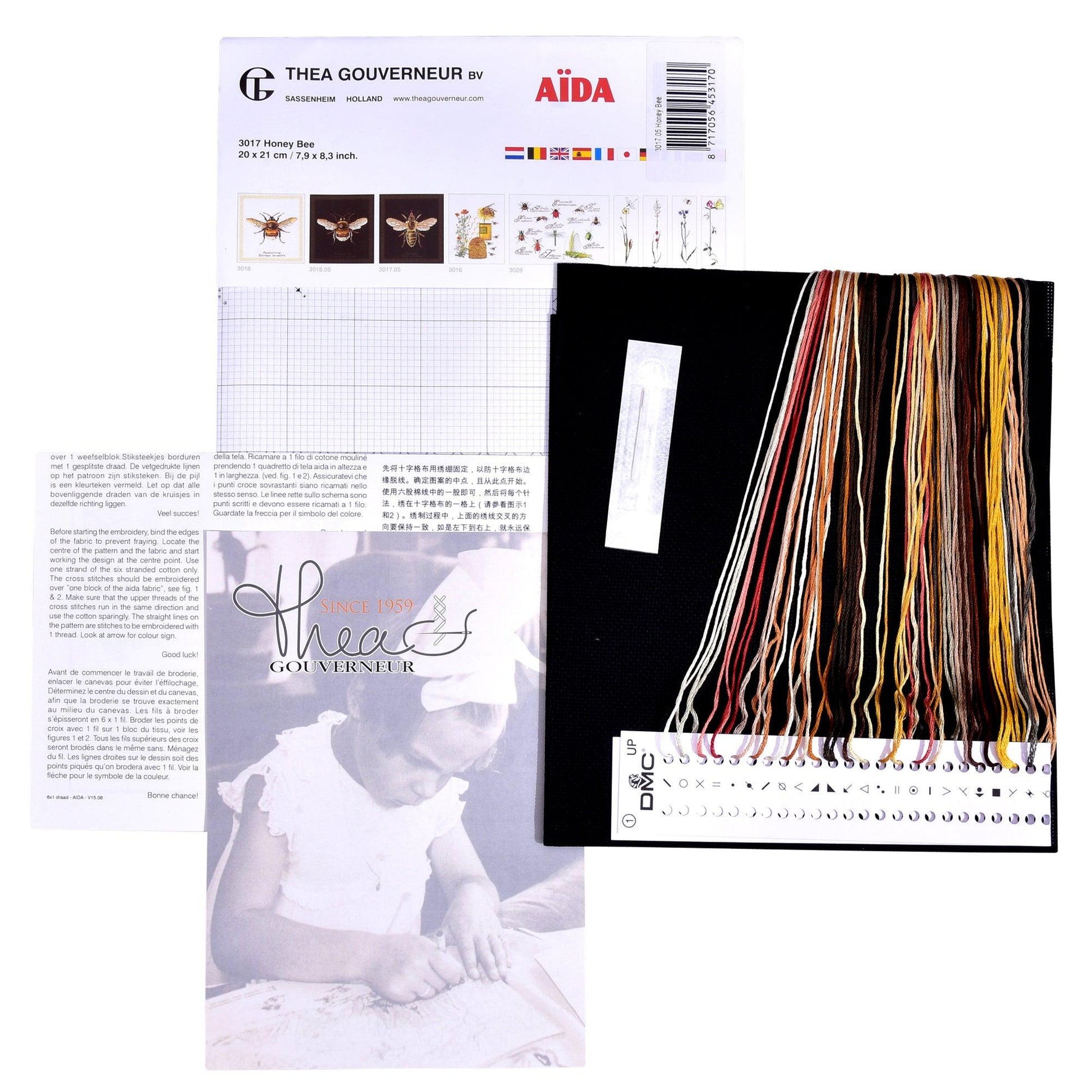 Thea Gouverneur - Counted Cross Stitch Kit - Honey Bee - Aida Black - 18 count - 3017.05 - Thea Gouverneur Since 1959