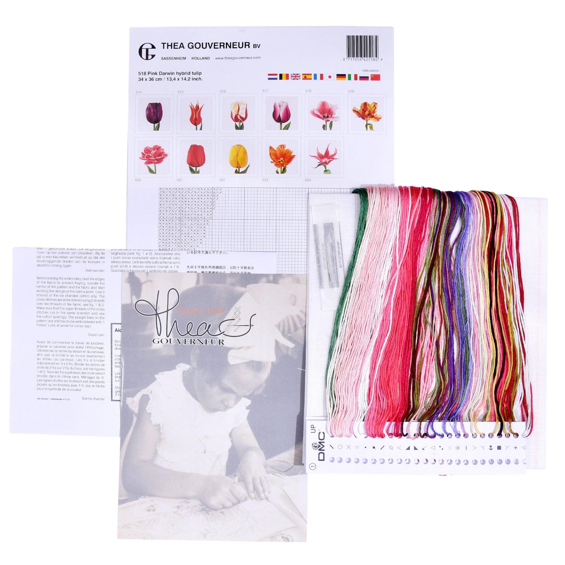 Thea Gouverneur - Counted Cross Stitch Kit - Pink Darwin Hybrid Tulip - Linen - 32 count - 518 - Thea Gouverneur Since 1959