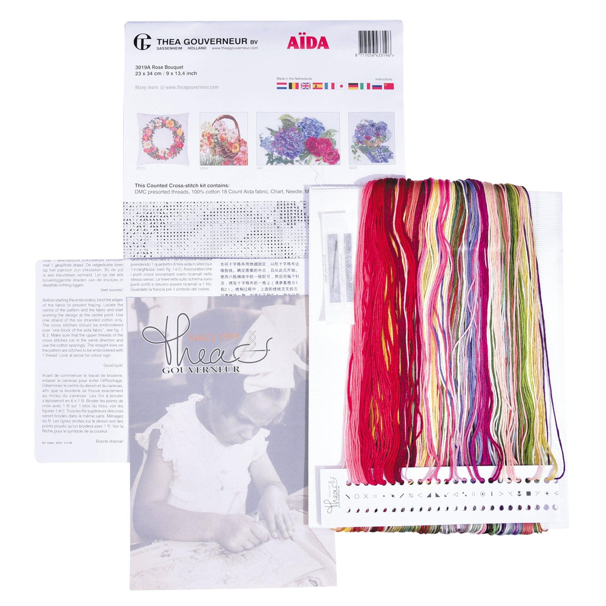 Thea Gouverneur - Counted Cross Stitch Kit - Rose Bouquet - Aida - 18 count - 3019A - Thea Gouverneur Since 1959