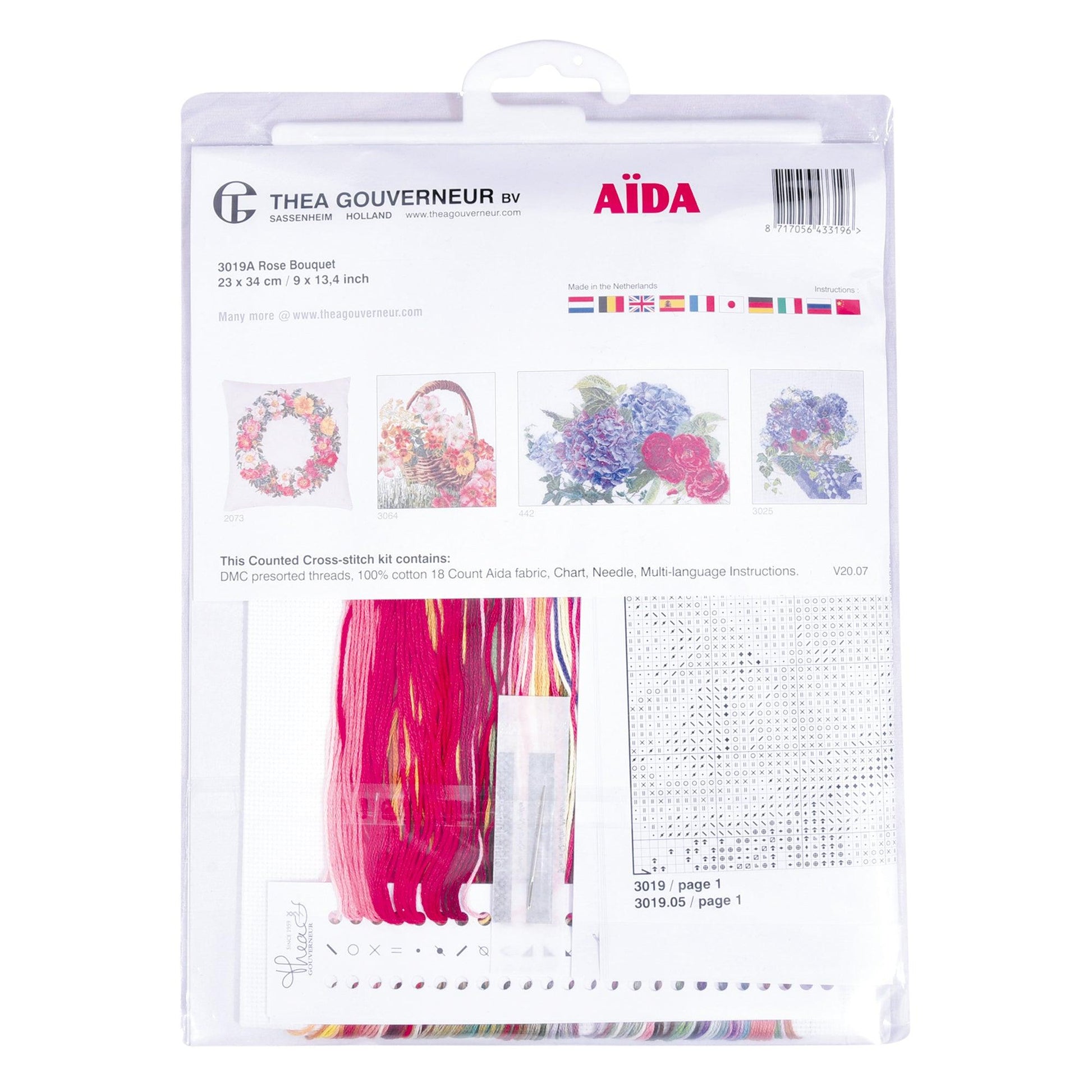 Thea Gouverneur - Counted Cross Stitch Kit - Rose Bouquet - Aida - 18 count - 3019A - Thea Gouverneur Since 1959