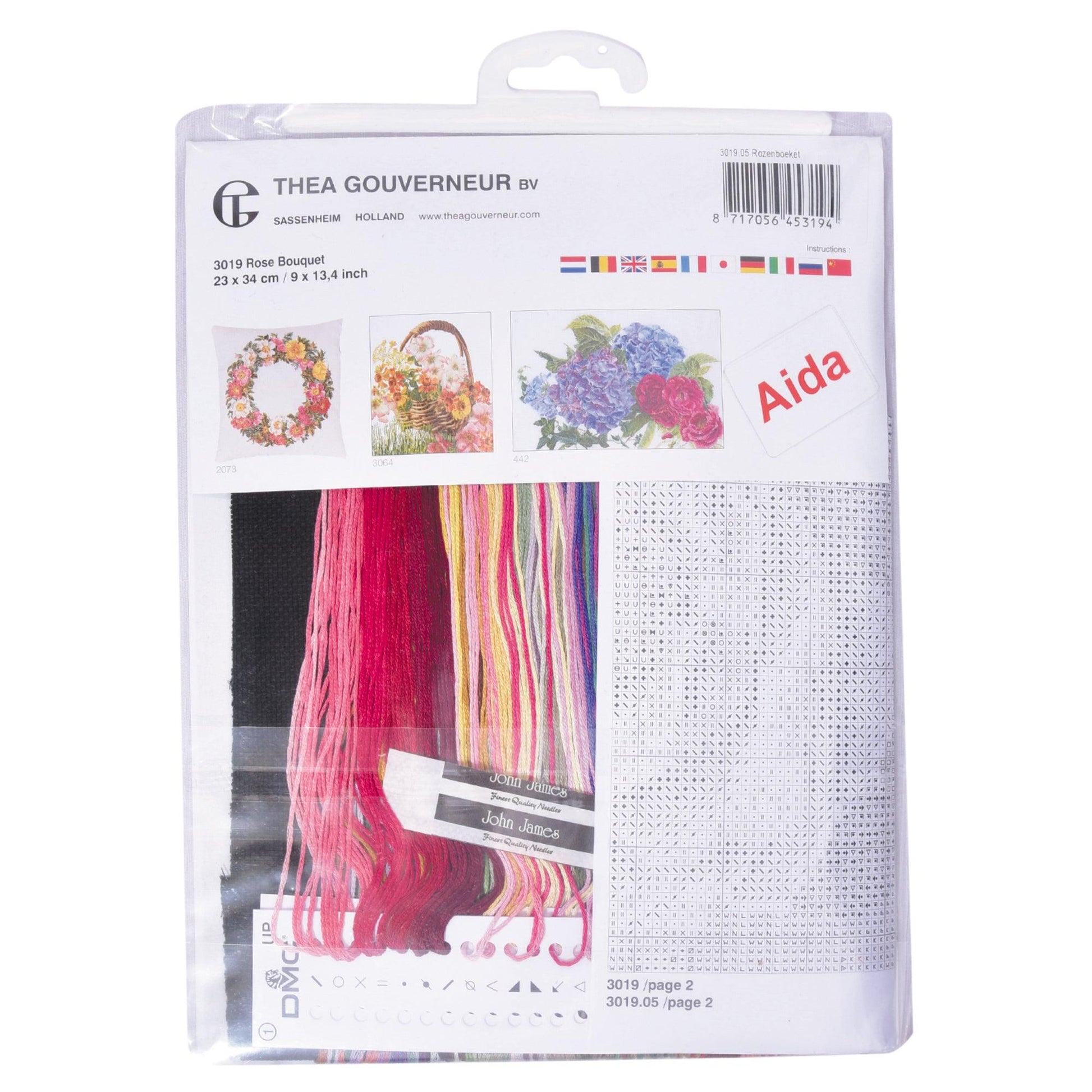 Thea Gouverneur - Counted Cross Stitch Kit - Rose Bouquet - Aida Black - 18 count - 3019.05 - Thea Gouverneur Since 1959