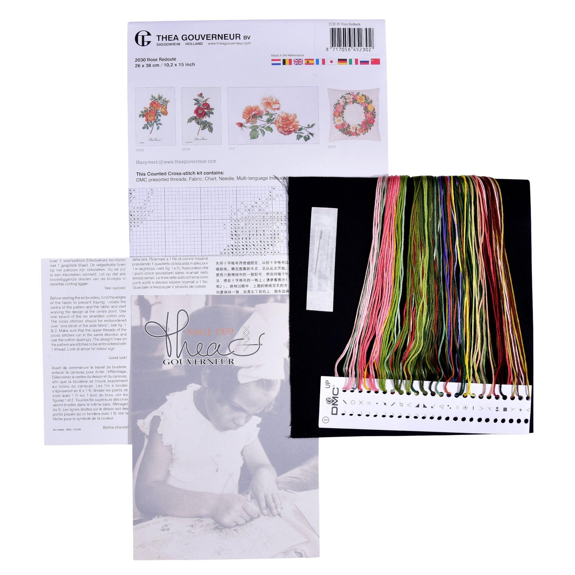 Thea Gouverneur - Counted Cross Stitch Kit - Rose Redouté - Aida Black - 18 count - 2030.05 - Thea Gouverneur Since 1959