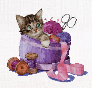 Thea Gouverneur - Counted Cross Stitch Kit - Sewing Basket Kitten - Aida - 16 count - 736A - Thea Gouverneur Since 1959