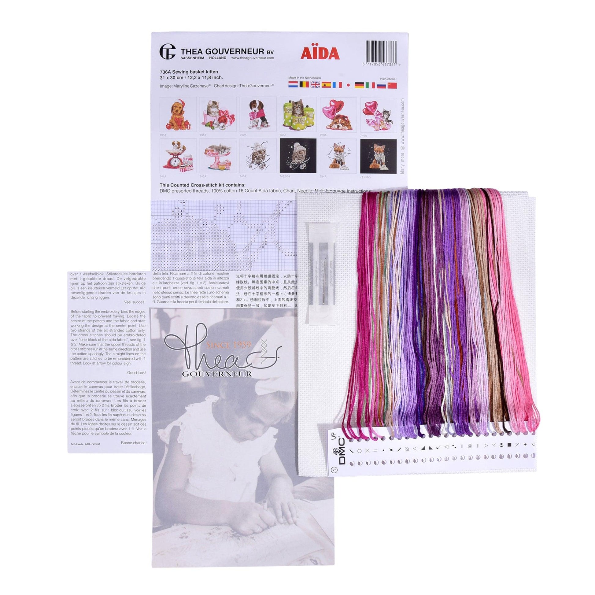 Thea Gouverneur - Counted Cross Stitch Kit - Sewing Basket Kitten - Aida - 16 count - 736A - Thea Gouverneur Since 1959