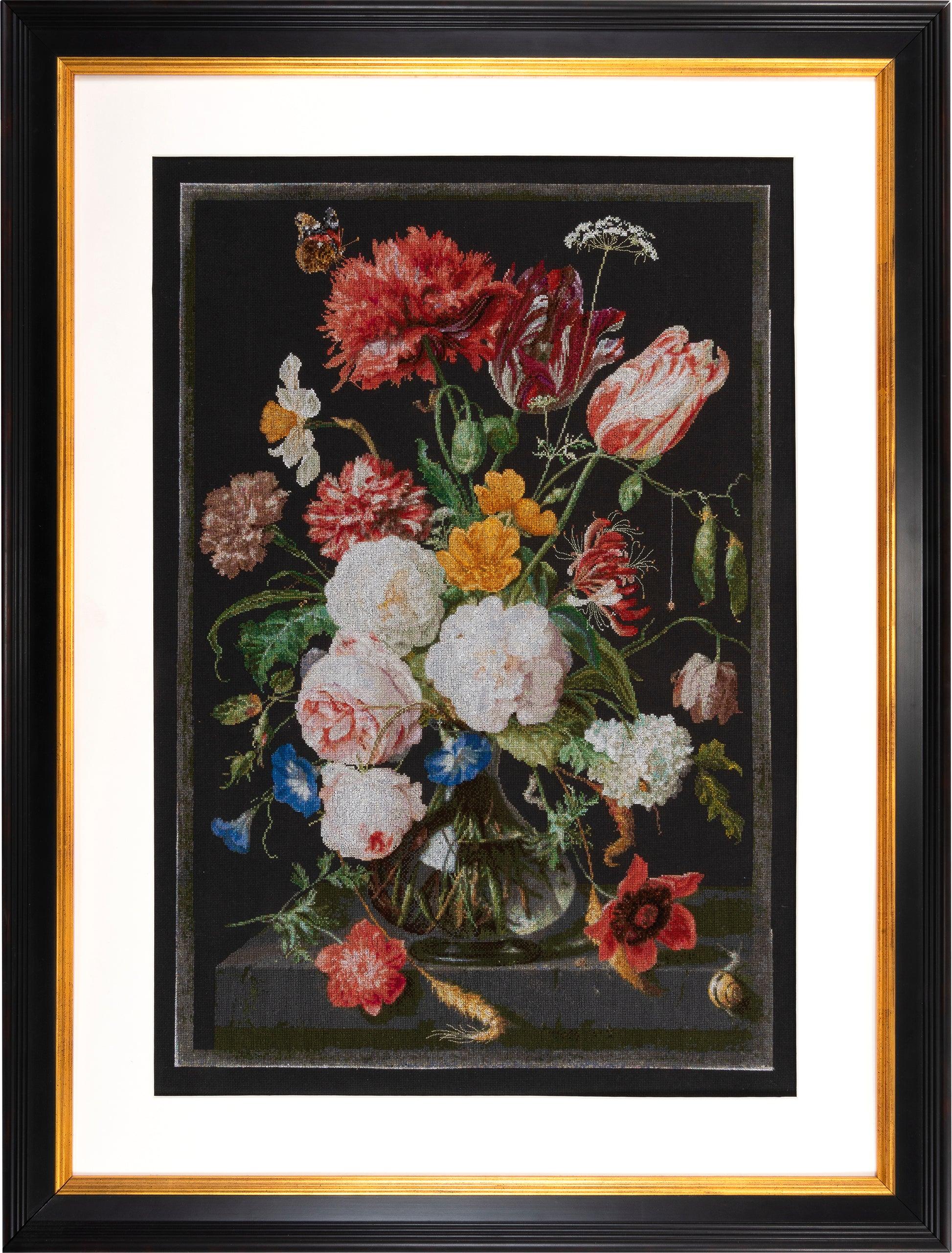 Thea Gouverneur - Counted Cross Stitch Kit - Still Life with Flowers in a glass Vase - Aida Black - 18 count - 785.05 - Thea Gouverneur Since 1959